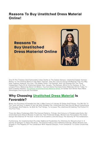 Reasons To Buy Unstitched Dress Material Online