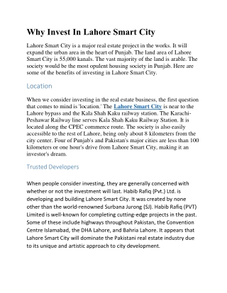 Why Invest In Lahore Smart City