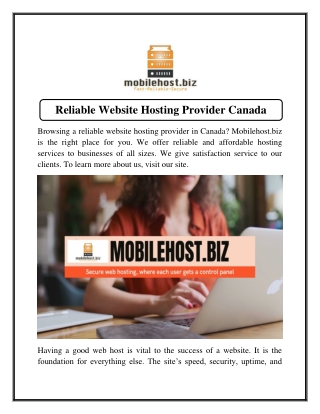 Reliable Website Hosting Provider Canada  Mobilehost.biz