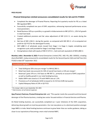 Piramal Enterprises Limited announces consolidated results for Q2 and H1 FY2023