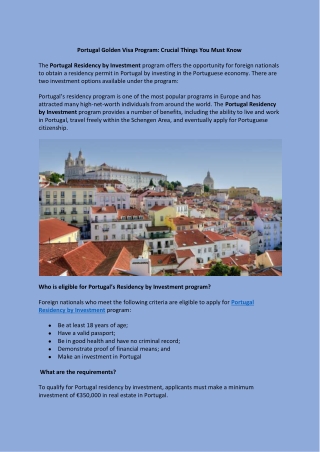 Portugal Golden Visa Program: Crucial Things You Must Know