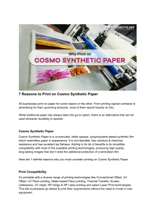 7 Reasons to Print on Cosmo Synthetic Paper