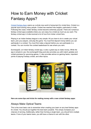 Cricket Fantasy Apps - Exchange22