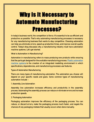 Why is it Necessary to Automate Manufacturing Processes