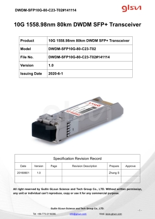 10G 1558.98nm 80km DWDM SFP  Transceiver