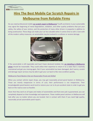 Hire The Best Mobile Car Scratch Repairs in Melbourne from Reliable Firms