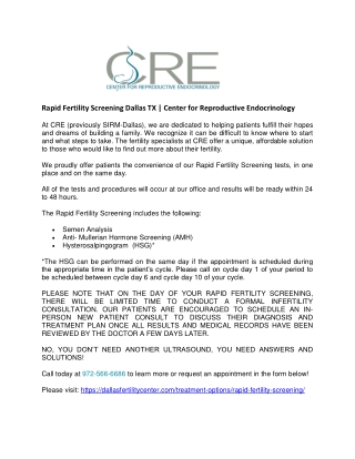Rapid Fertility Screening Dallas TX - Center for Reproductive Endocrinology