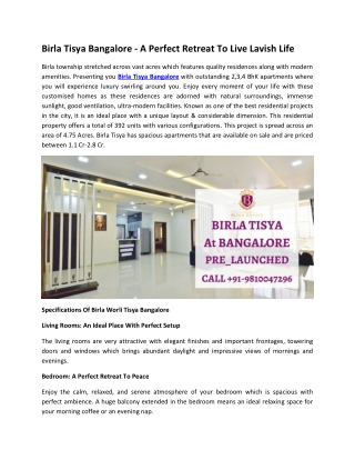 Birla Tisya Bangalore - A Perfect Place To Live Lavish Life With Family