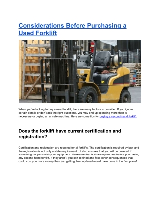 Considerations Before Purchasing a Used Forklift