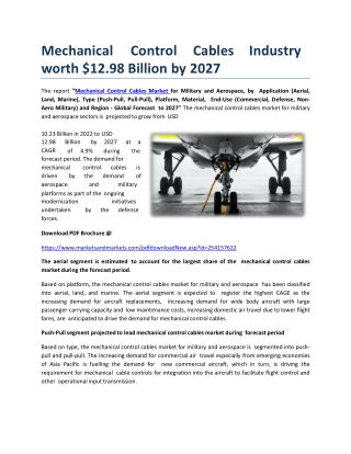 Mechanical Control Cables Industry Worth $12.98 Billion by 2027