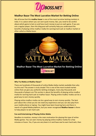 Madhur Bazar The Most Lucrative Market for Betting Online