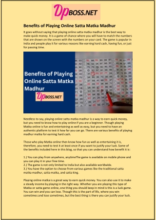 Benefits of Playing Online Satta Matka Madhur