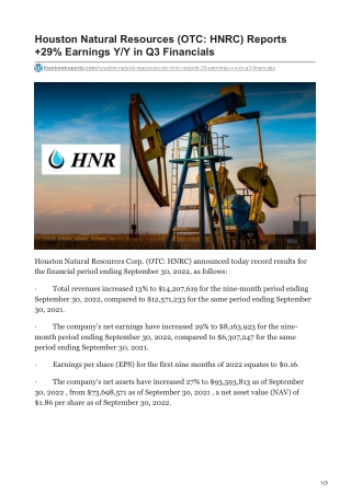 Houston Natural Resources OTC HNRC Reports 29 Earnings YY in Q3 Financials