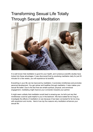Transforming Sexual Life Totally Through Sexual Meditation