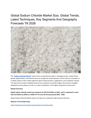 Global Sodium Chloride Market Size, Global Trends, Latest Techniques