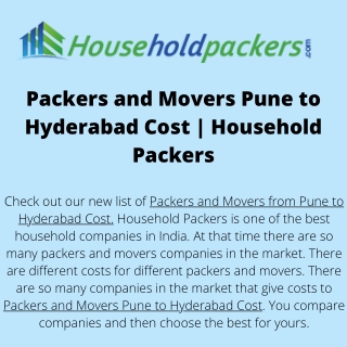 Packers and Movers Pune to Hyderabad Cost  Household Packers