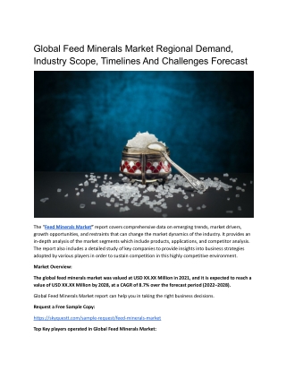 Global Feed Minerals Market Regional Demand, Industry Scope, Timelines