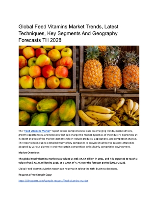 Global Feed Vitamins Market Trends, Latest Techniques, Key Segments