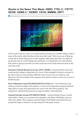 Stocks in the News This Week HNRC FTELC  FSTTF GEGR GEMSC  GEMSF CEOS MMMW ZRFY