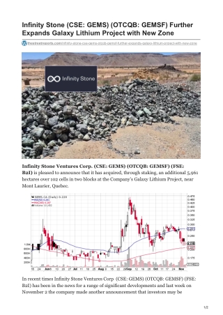 Infinity Stone CSE GEMS OTCQB GEMSF Further Expands Galaxy Lithium Project with New Zone