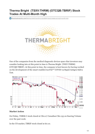 Therma Brightnbsp TSXVTHRM OTCQBTBRIF Stock Trades At Multi-Month High