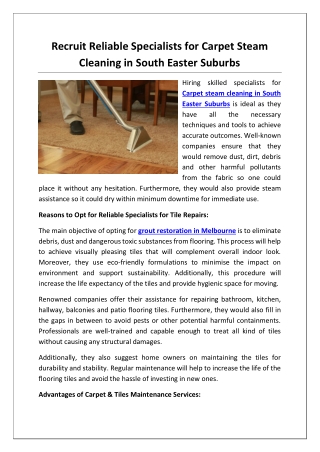 Recruit Reliable Specialists for Carpet Steam Cleaning in South Easter Suburbs