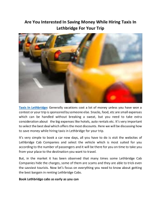 Are You Interested In Saving Money While Hiring Taxis In Lethbridge For Your Trip