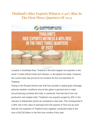 Thailand’s Rice Exports Witness A 40% Rise In The First Three Quarters Of 2022