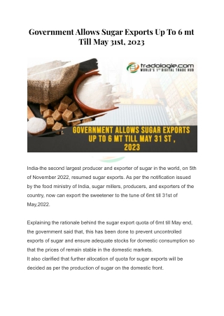 Government Allows Sugar Exports Up To 6 mt Till May 31st, 2023