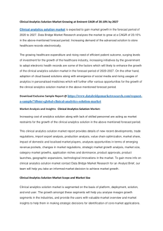 Clinical Analytics Solution Market Growing at Eminent CAGR of 20.10 by 2027