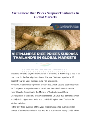 Vietnamese Rice Prices Surpass Thailand’s In Global Markets