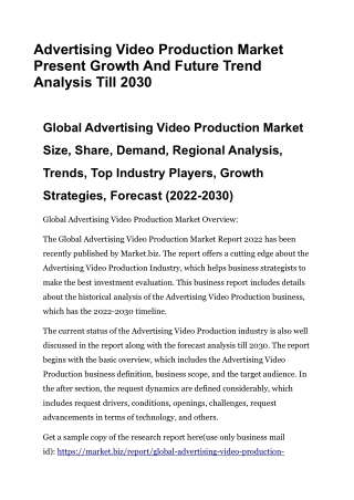 Advertising Video Production Market Present Growth And Future Trend Analysis Til