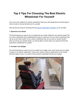 Top 5 Tips For Choosing The Best Electric Wheelchair For Yourself