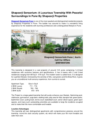 Shapoorji Sensorium Pune - A Luxurious Township And Residential Apartments For Lavish Life