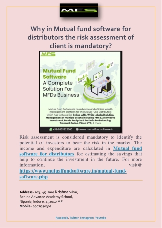 Why in Mutual fund software for distributors the risk assessment of client is mandatory