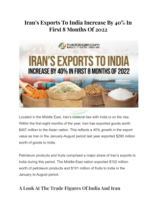Iran’s Exports To India Increase By 40% In First 8 Months Of 2022