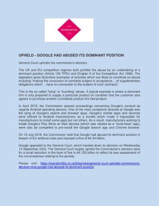 Upheld Google had Abused its Dominant Position - Brandsmiths