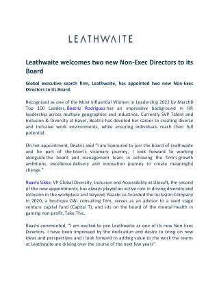 Leathwaite welcomes two new Non-Exec Directors to its Board