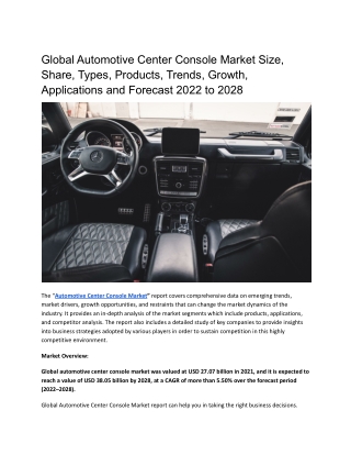 Global Automotive Center Console Market Size, Share, Types, Products, Trends