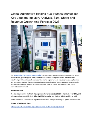 Global Automotive Electric Fuel Pumps Market Top Key Leaders, Industry Analysis