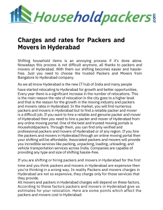 Charges and rates for Packers and Movers in Hyderabad