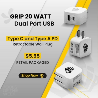 NEW! GRIP 20 Watt Dual USB Type A C Retractable PD Wall Plug