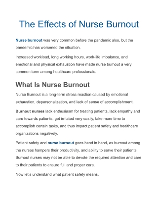 The Effects of Nurse Burnout