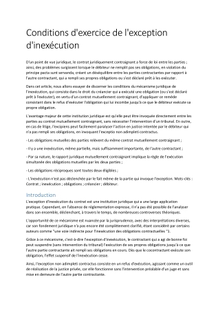 Conditions d'exercice de l'exception d'inexécution