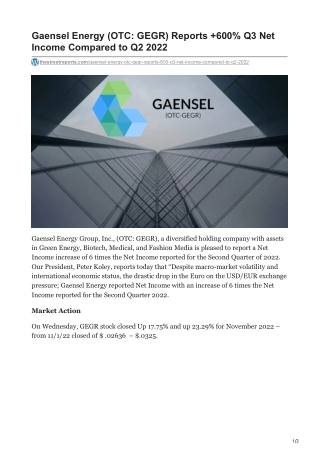 Gaensel Energy OTC GEGR Reports 600 Q3 Net Income Compared to Q2 2022