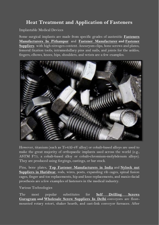 Heat Treatment and Application of Fasteners