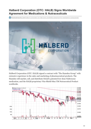 Halberd Corporation OTC HALB Signs Worldwide Agreement for Medications amp Nutraceuticals