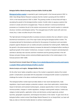 Biological Buffers Market Growing at Eminent CAGR of 10.0 by 2028