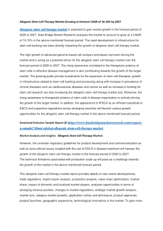 Allogenic Stem Cell Therapy Market Growing at Eminent CAGR of 10.10 by 2027
