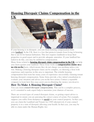 Housing Disrepair Claims Compensation in the UK